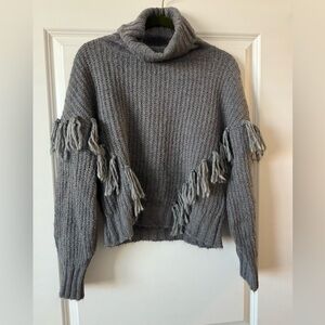 Something Navy Grey Fringe Sweater with multicolor detailing